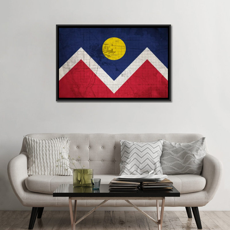 Drapeau de Denver, carte avec grunge, impression sur toile, H 18 po x l 26 po x P 1,5 po, Toile avec cadre noir, Pas de tapis