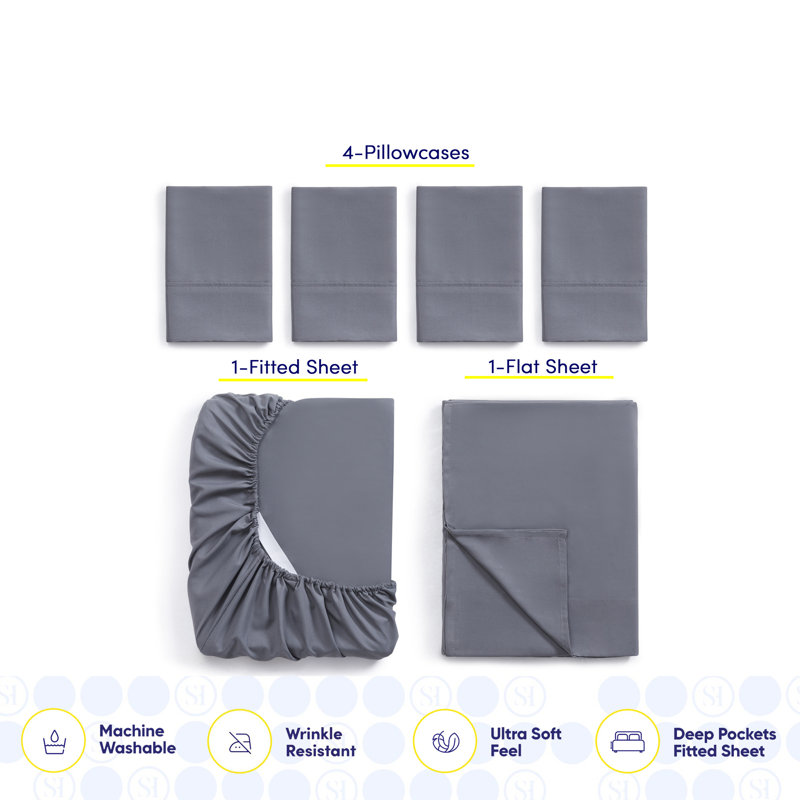 Luxurious Soft Microfiber Sheet Set with Bonus Pillowcases, Gray, Queen Sheet Set with 4 Pillowcases