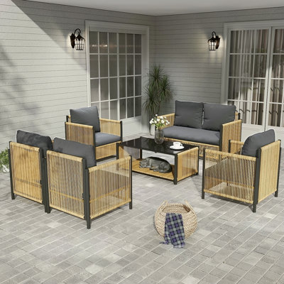 Patio 6 Pieces Brown Sofa Set With Cushion