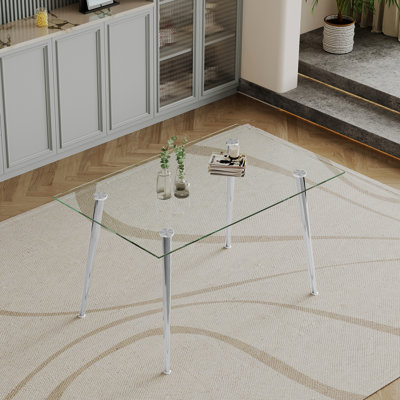 Table en verre trempé de 0,32 po d'épaisseur avec pieds en métal argenté, design tendance et élégant pour les salles à manger modernes, verre facile à entretenir, supports rouille, plateau en acier inoxydable