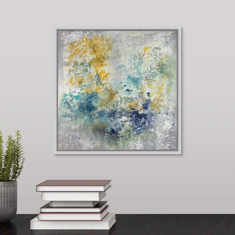 « coucher de soleil sur les vagues breaks », peinture sur toile, H 13,7 po x l 13,7 po x P 1,75 po, Cadre flottant blanc