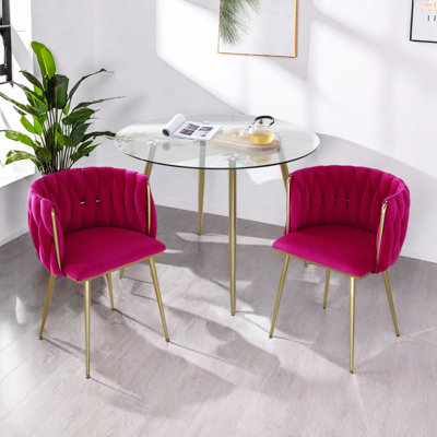 Ensemble de 2 chaises de salle à manger en velours moderne avec dossier tissé et pieds en métal doré pour meuble-lavabo de cuisine