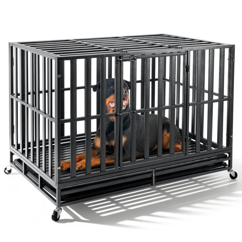 48 Inch Heavy Duty Dog Crate for High Anxiety Large Dogs,2026 Ultimate Escape Proof Base Plate,Steel Dog Kennel/Max Load Capacity 300lbs/Double Door with Wheels