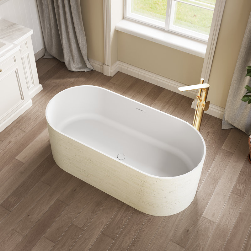 63" Freestanding Bathtub With Travertine-Like Texture, Solid Surface Soaking Tub, Matte White Interior