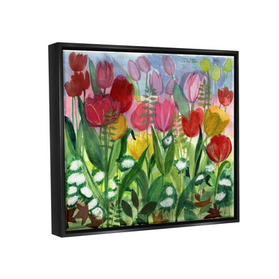 «Lush Varied Spring Tulip Blooming Flower Meadow», peinture sur toile à cadre flottant