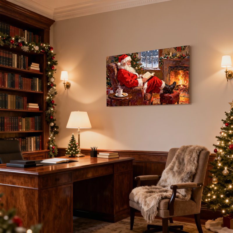 «Christmas Santa lecture par foyer avec arbre de Noël», ensemble de 3 impressions sur toile, H 16 po x l 24 po