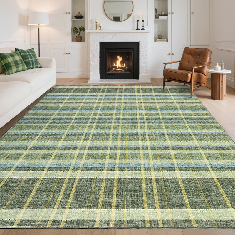 Tapis écossais lavable à la machine, Vert, Rectangulaire 8 pi x 10 pi