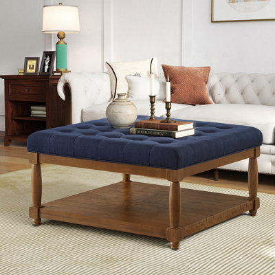 Table basse rembourrée en lin capitonné avec tablette en bois massif, bleu marine | Idée de cadeau