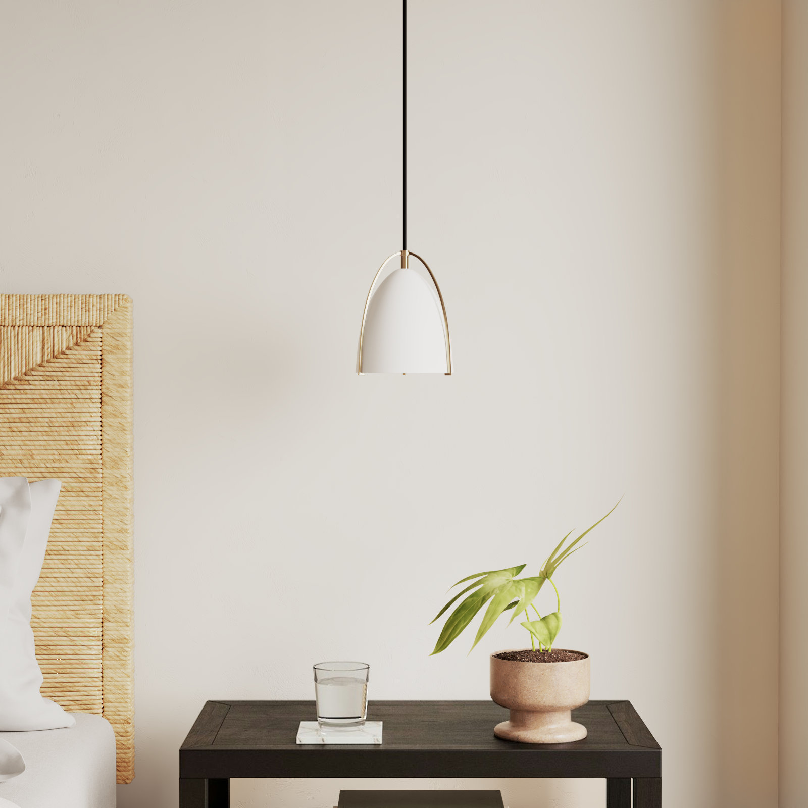 Nikki Single Light Metal Steel Dimmable Pendant, White, 7.5" H x 6.25" W x 6.25" W, Satin Brass