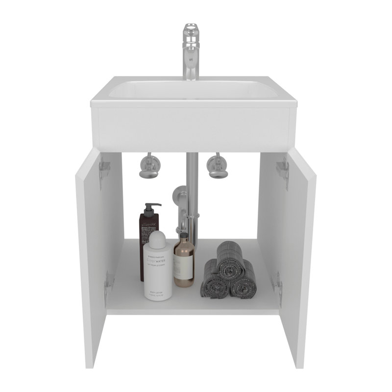 Meuble-lavabo de salle de bain Meka 45 avec deux tiroirs et une tablette ouverte, rangement mural, Blanc