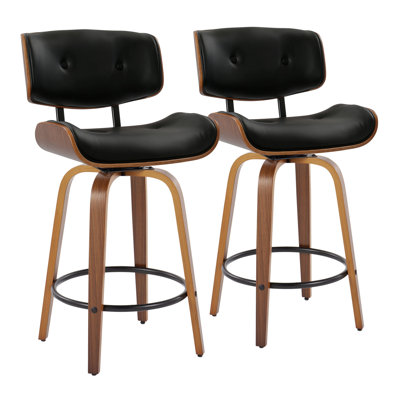Lombardi 26" Mid-Century Modern Fixed-Height Counter Stool With Swivel In Walnut Wood And Black Faux Leather With Round Black Metal Footrest By Lumisource - Set Of 2