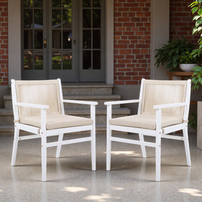 Ensemble de 2 chaises de salle à manger d'extérieur, fauteuil de patio en bois d'acacia avec dossier en corde et coussin hydrofuge, structure, capacité de poids de 400 lb