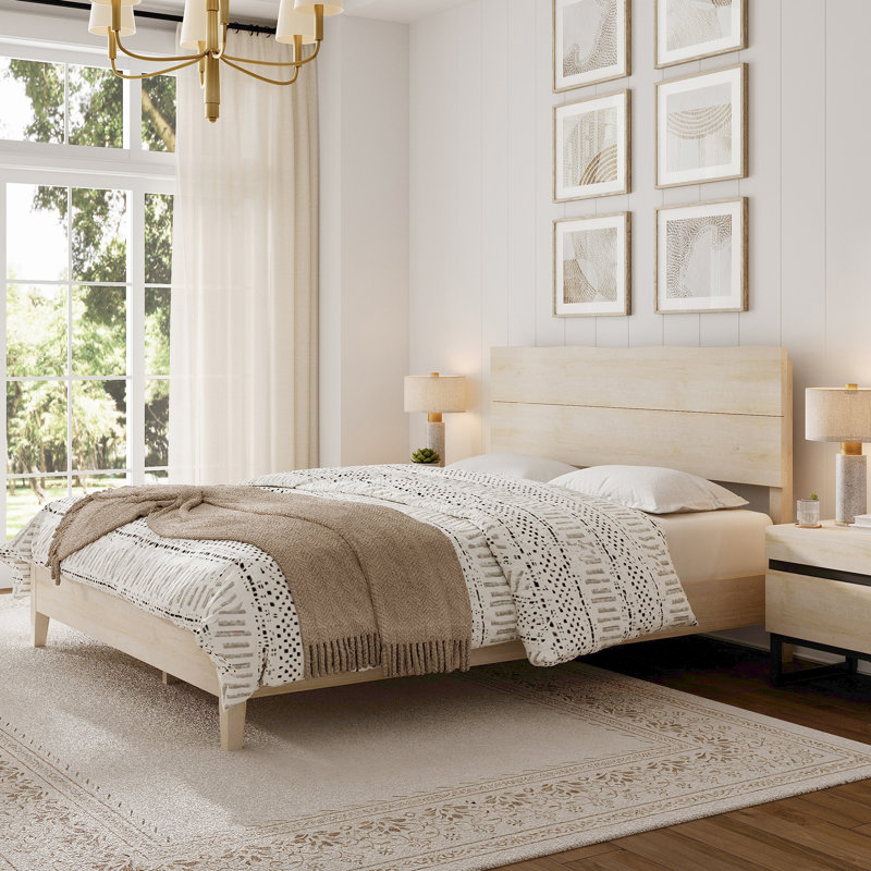 Structure de grand lit avec tête de lit Wave, pieds en bois massif, Beige