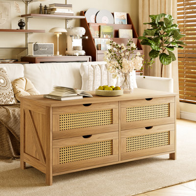 Rattan Wooden Coffee Table, 4 Drawers Cocktail Table With Storage