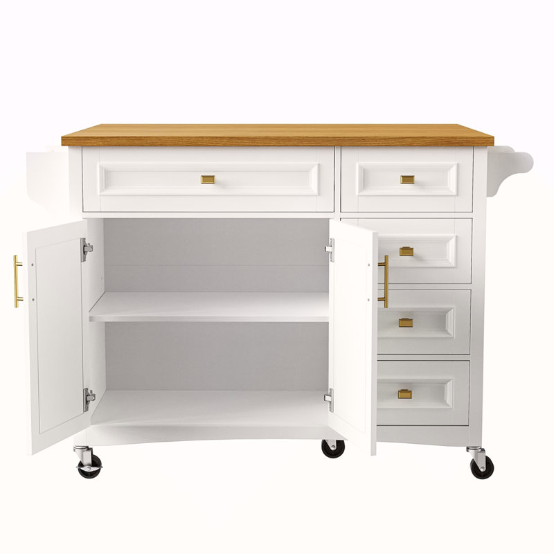 52'' Kitchen Island With Drop Leaf, Embossed Texture Kitchen Island On Wheels With Spice Rack, Towel Rack, 2 Doors And 5 Drawers, Kitchen Storage Cart With Adjustable Shelf For Kitchen, Blue Grey