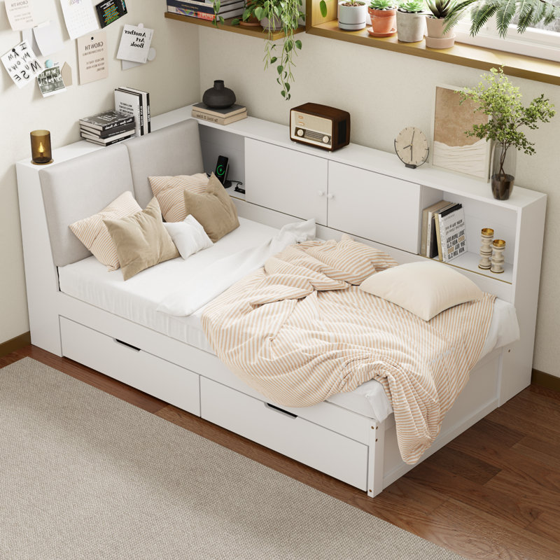 Lit de jour de rangement avec prises de courant et tête de lit tapissier, Lit simple, Blanc