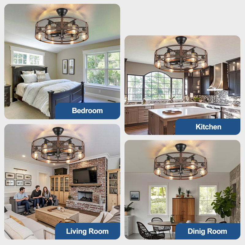 26" Caged Ceiling Fans with Remote App Control for Patio Kitchen Bedroom, Farmhouse Flush Mount Ceiling Fan with Lights Reversible 6 Speed Timer Walnut