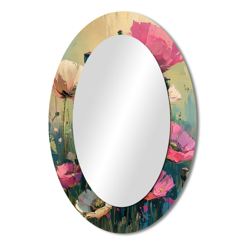 Symphonie de coquelicots roses et blanches vibrantes I - miroir décoratif ovale floral sur métal, 36 po x 24 po