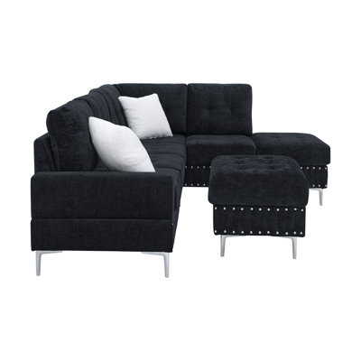 Rhylen Modern L-Shaped Sectional With Storage Ottoman And Chenille Upholstery