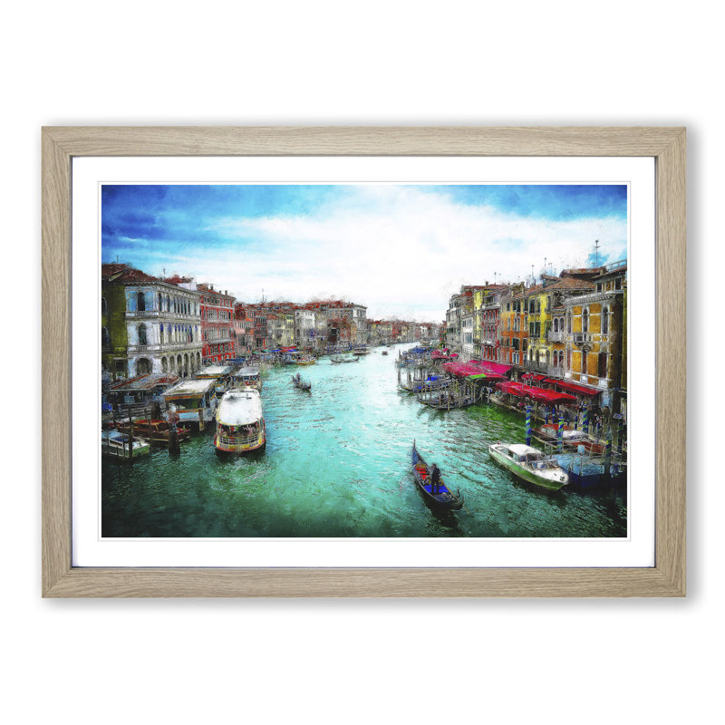 Gondolas in Venice Italy - Picture Frame Graphic Art Print, 45cm H x 63cm W x 2cm D, Oak Framed