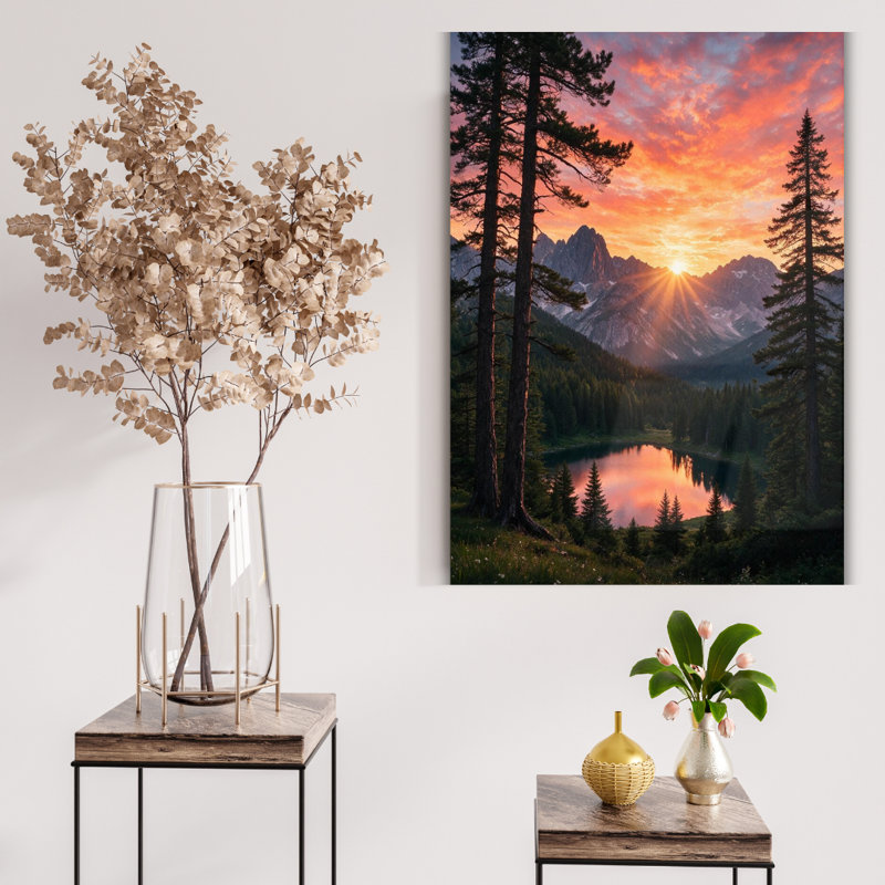 Art mural en verre trempé Mountain Lake Sunset, H 16 po x l 12 po