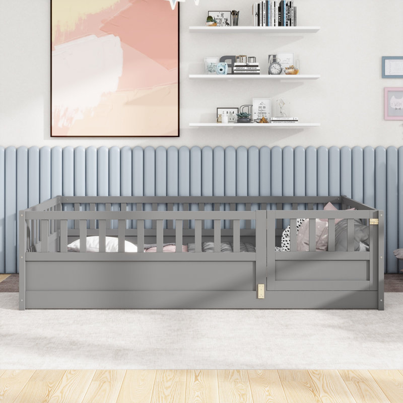 Montessori Wooden Floor Bed with High Security Barrier, Door, Kids Floor Bed Frame, Integral Construction, Gray, Twin