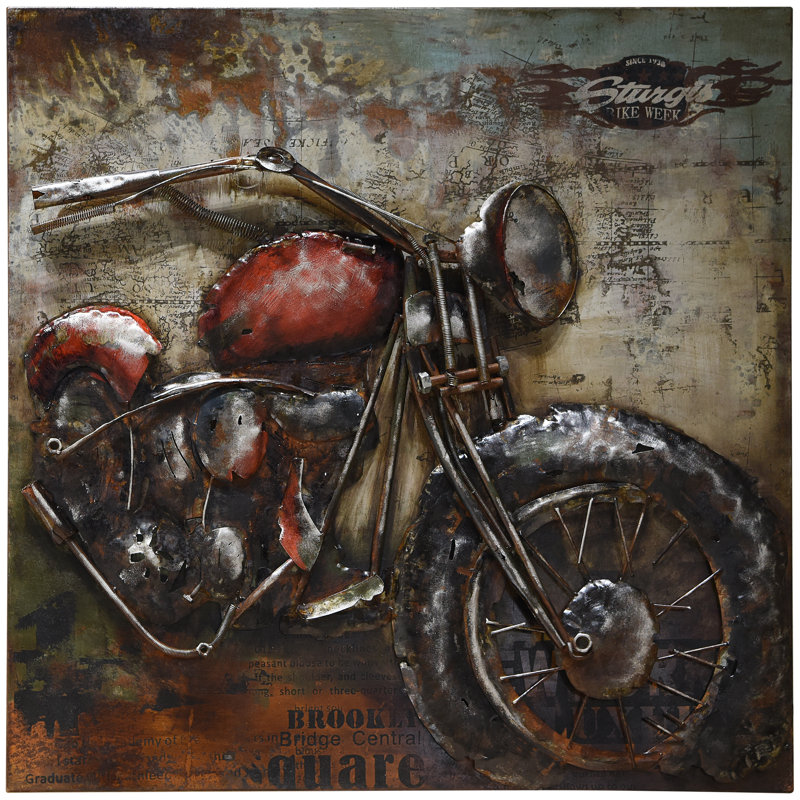 Primo Hand Painted Iron and Wood Motorcycle Wall Sculpture
