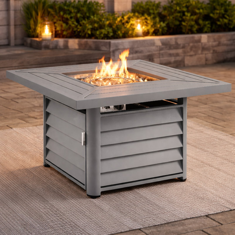 Baecher Aluminum Propane Outdoor Fire Pit Table with Hidden Fuel Tank Storage & Lid, Light Gray, 24.61" H x 41.9" W x 41.9" D