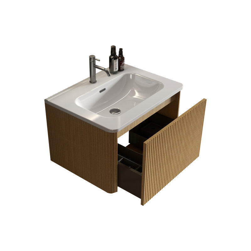 Meuble-lavabo simple mural avec plateau en céramique Gustavs, Noyer, 24"
