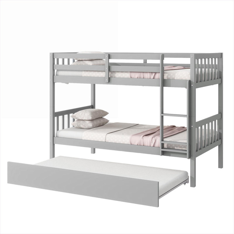Lit superposé convertible simple au-dessus de simple Neutre gris, lit en bois d'hévéa massif avec gigogne et échelle, Gris