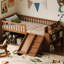 Structure de lit simple avec tablette de rangement, garde-corps plateforme, noyer, glissade et, sans sommier, guide d'assemblage inclus Démontage facile-2064781164