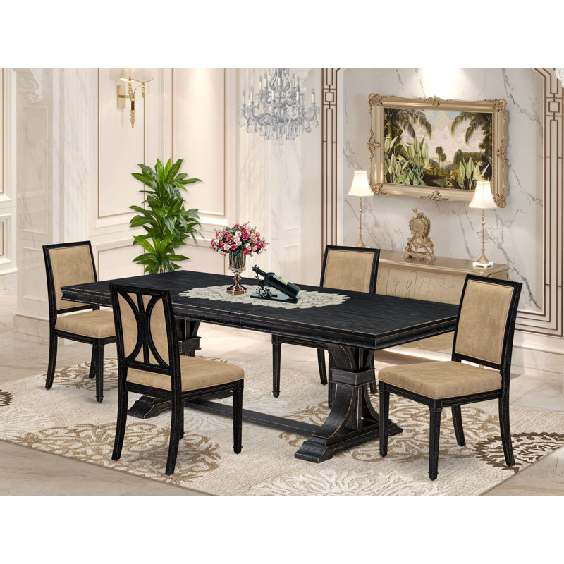 L'ensemble de table de cuisine 5 pièces se compose d'une table de salle à manger et de 4 chaises de salle à manger modernes en polyester beige avec dossier haut - finition sablée