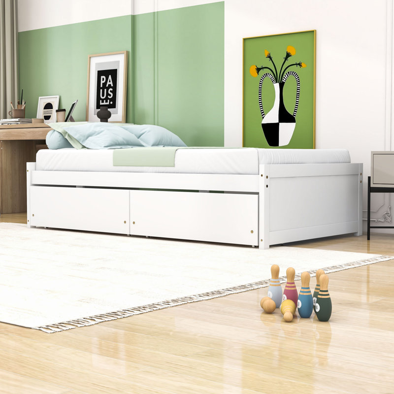 2 Drawers Twin Bed, Minimalist Design, White