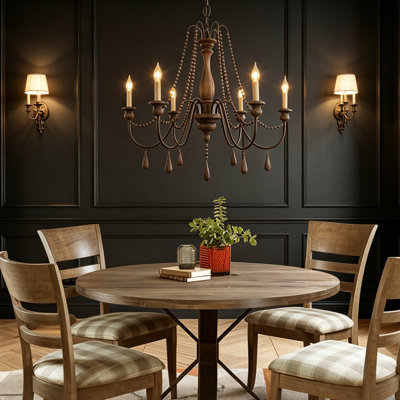 28.74" French Vintage Solid Wood Candle Pendant Light with Distressed Wood Beads – Rustic Chandelier for Bedroom Dining Room Living Room