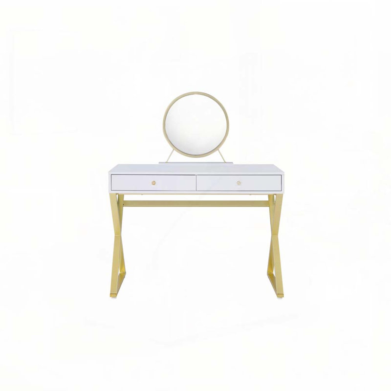 Bureau de coiffeuse rectangulaire avec miroir et plateau à bijoux, blanc et doré