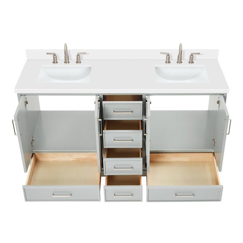 61'' Double Bathroom Vanity with White Quartz Top, Gray