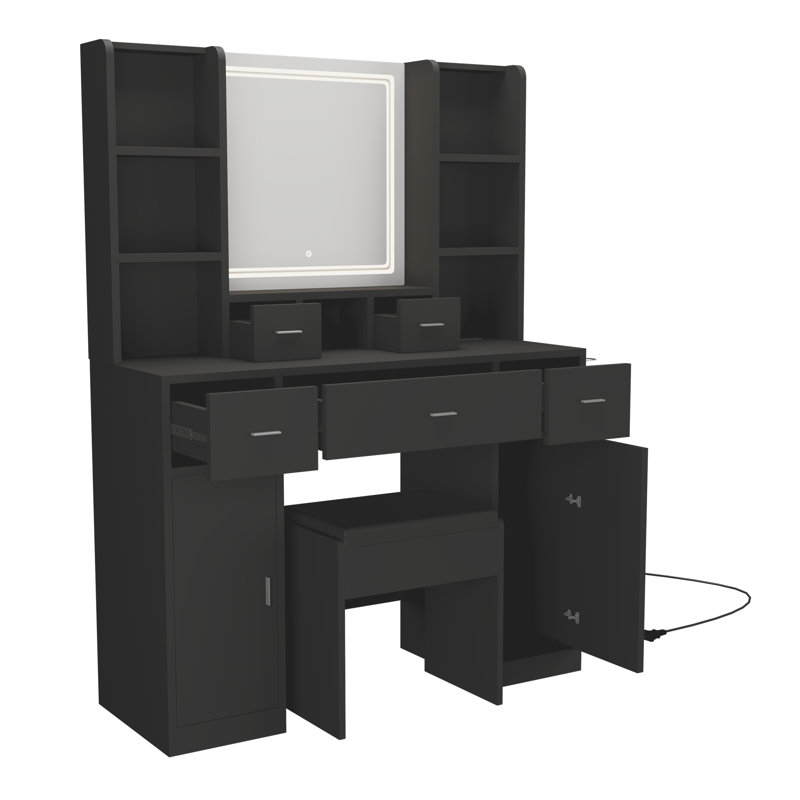 The vanity with LED mirror is equipped with a hair dryer rack, and the vanity in the bedroom and dressing room is equipped with a dressing pad
