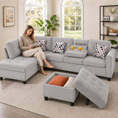 94.5" Corduroy L-Shaped Sectional Sofa with Storage Ottoman and Cup Holders