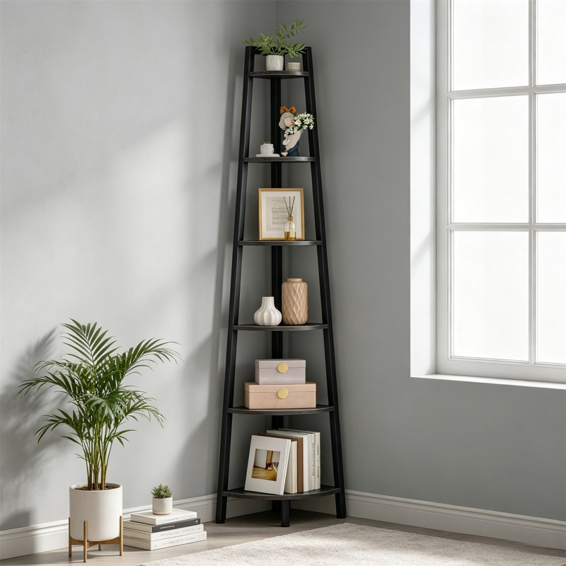 Étagère d'angle, bibliothèque d'angle à 6 niveaux, tablette échelle vintage, présentoir industriel, Gris