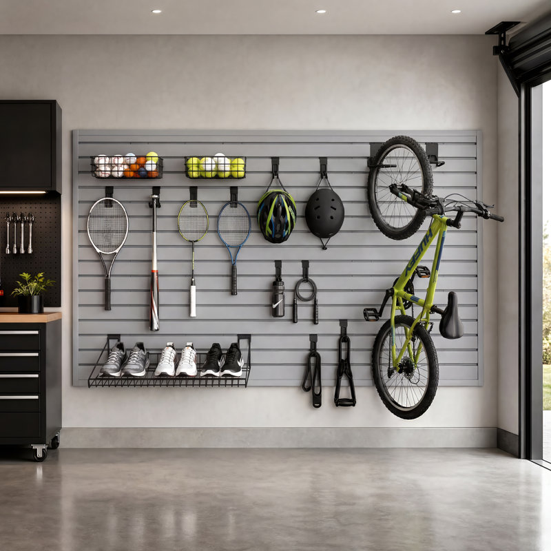 Slatwall Panel 8' X 4' Pvc Garage Organizing System With 29pcs Sports Equipment Accessories Set, Gray