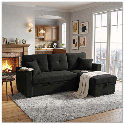 Sleeper Sofa, Sectional with Pull-Out Bed, Reversible Chaise, Storage Sectional