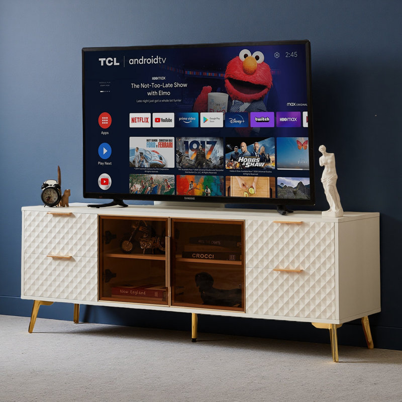 Meuble télé 4 tiroirs avec pieds réglables en métal, Blanc
