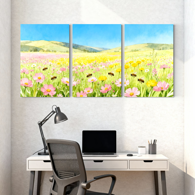 Paysage et nature champ de fleurs avec abeilles et montagnes, ensemble de 3 impressions sur toile, H 18 po x l 36 po