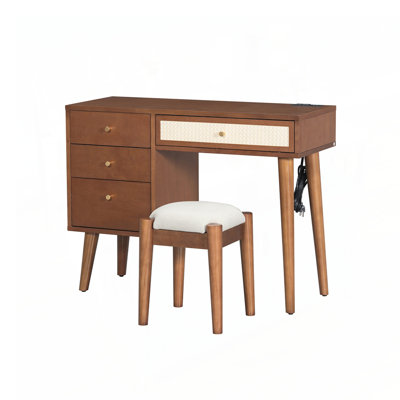 39" Bohemian Style Wooden Vanity Set with Charging Station - Makeup Table with 3 Drawers + Rattan Storage & Stool by Corrigan Studio
