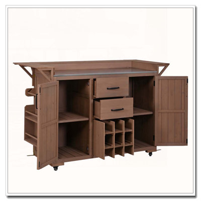 Modern 60.2''W Outdoor Kitchen Island with Wheels, Rolling Patio BBQ Kitchen Cart with Stainless Steel Top