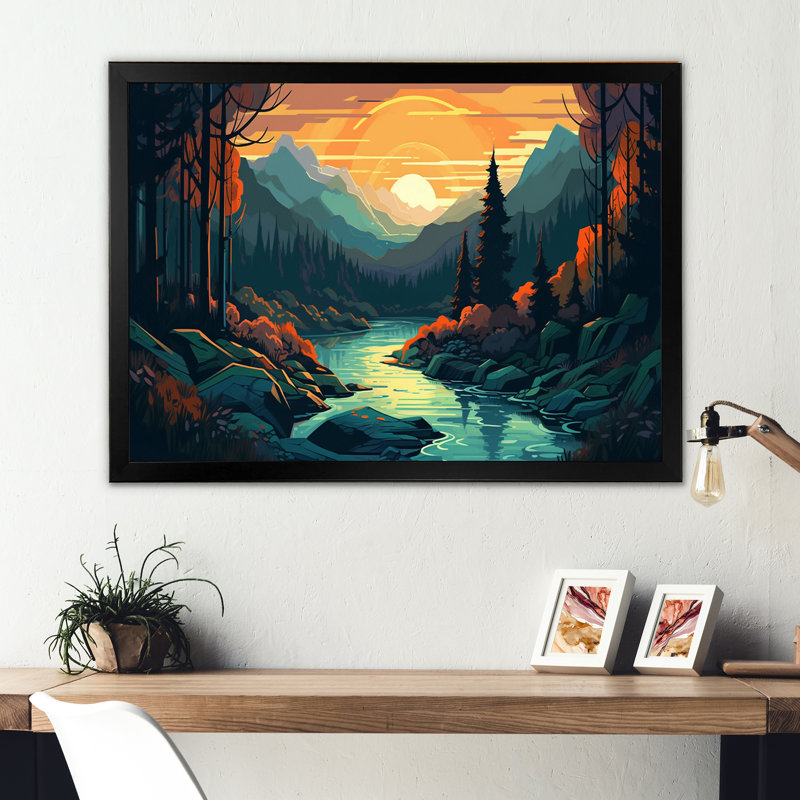 «Vibrant Forest with Sunrise III» - Impression, H 24 po x l 32 po x P 1 po, Cadre photo noir