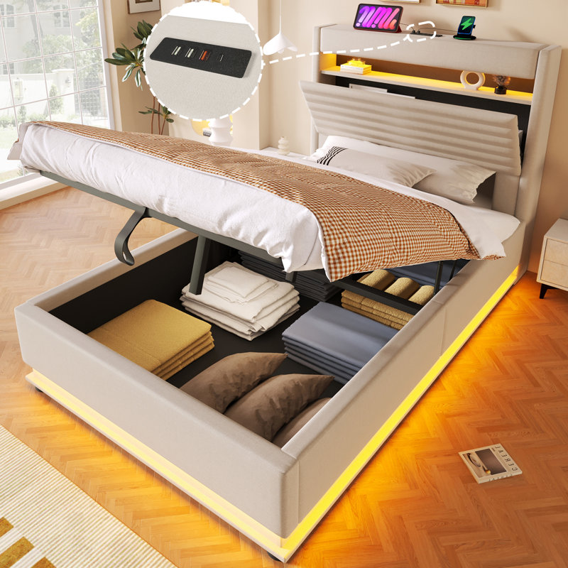 Lift Up Storage Bed Frame, 90x200 cm, Beige