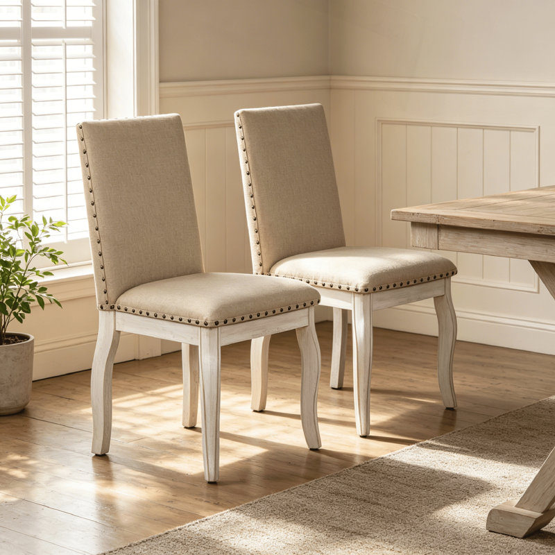 Ensemble de 2 chaises de salle à manger rembourrées en bois avec tête de clou Fabirc, Blanc antique, Blanc antique