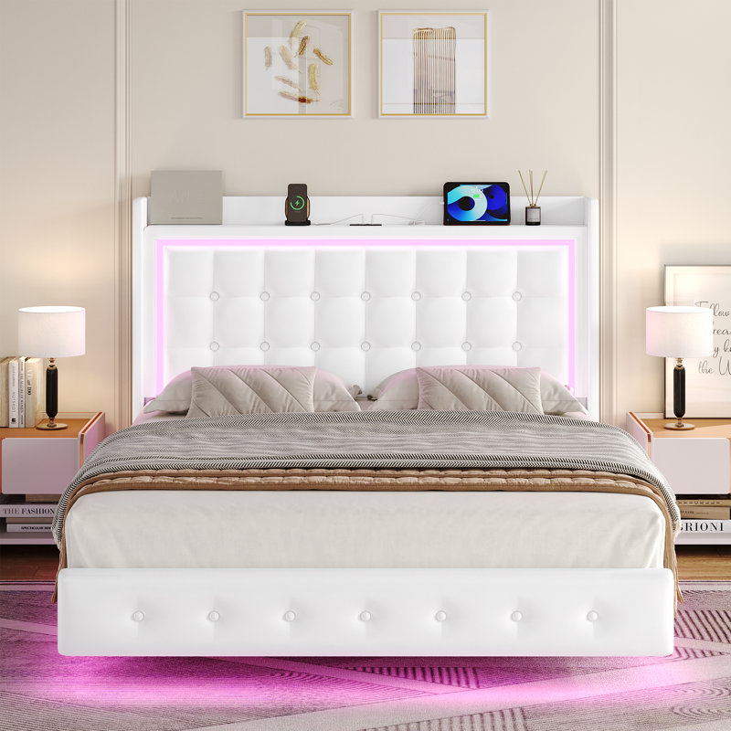 Upholstered Platform Bed with LED Lights, Charging Port, Floating Bed, Queen, White