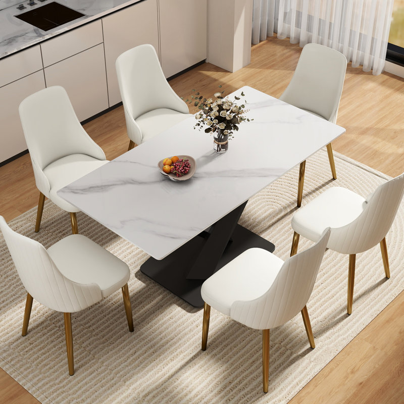 Table de salle à manger rectangulaire blanche de 63 po avec plateau en pierre frittée de 12 mm et pieds en métal noir